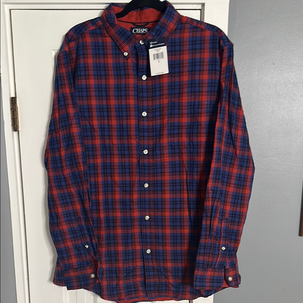 Chaps NWT Double Cloth Plaid Button Down Shirt Red Blue Size L 73791